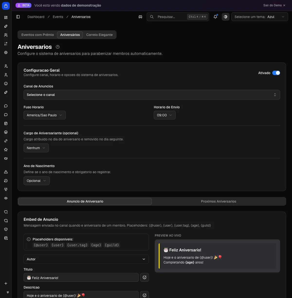 Configuração de aniversários no painel do Delfus