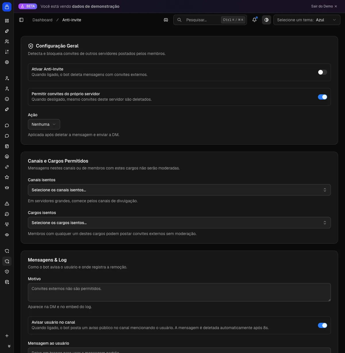 Configuração do anti-invite no painel do Delfus