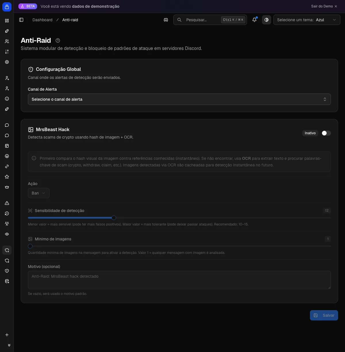 Configuração do anti-raid no painel do Delfus