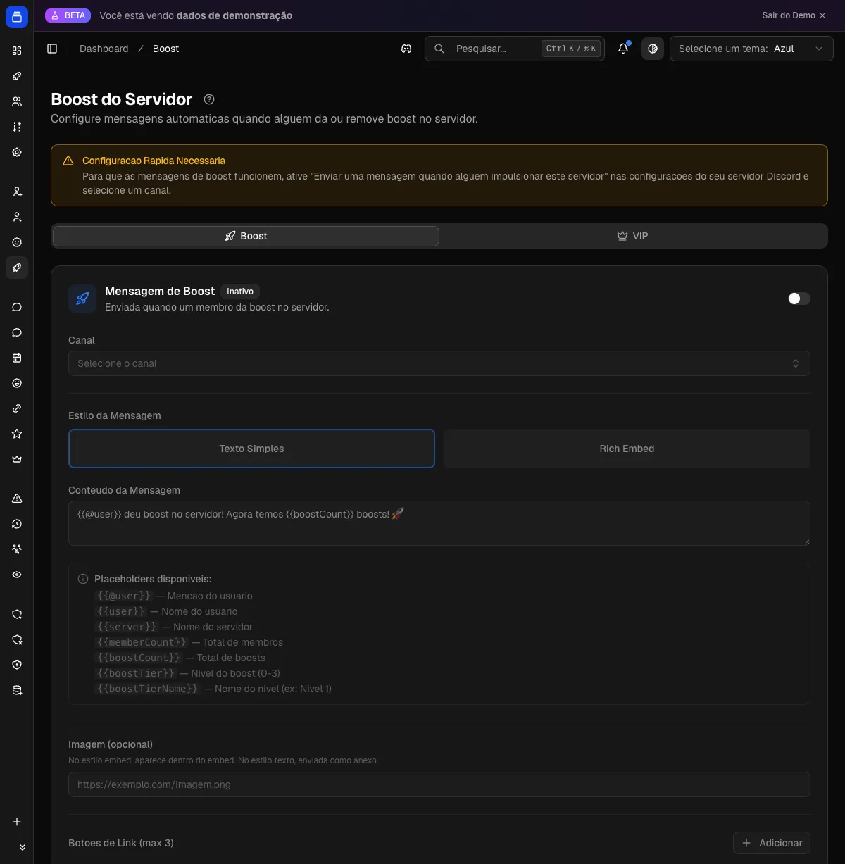 Recompensas de boost no painel do Delfus