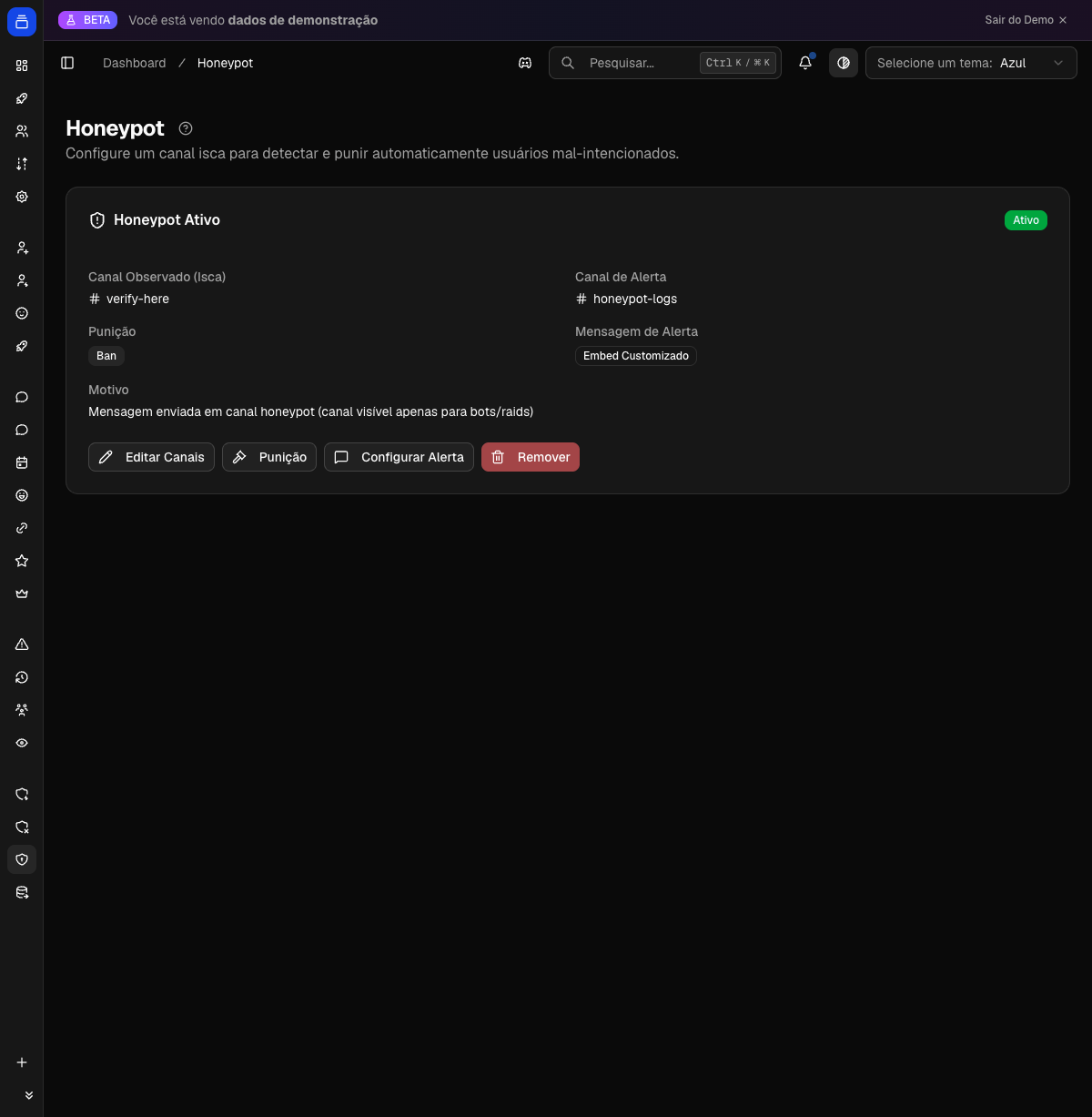 Configuração do honeypot no painel do Delfus