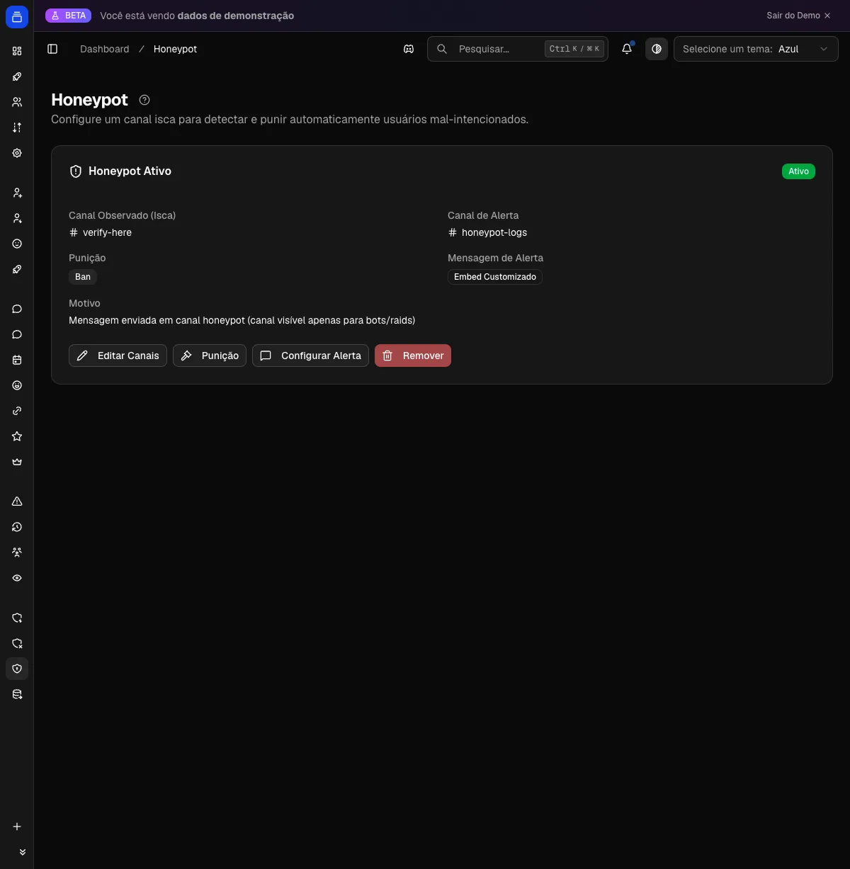 Configuração do honeypot no painel do Delfus