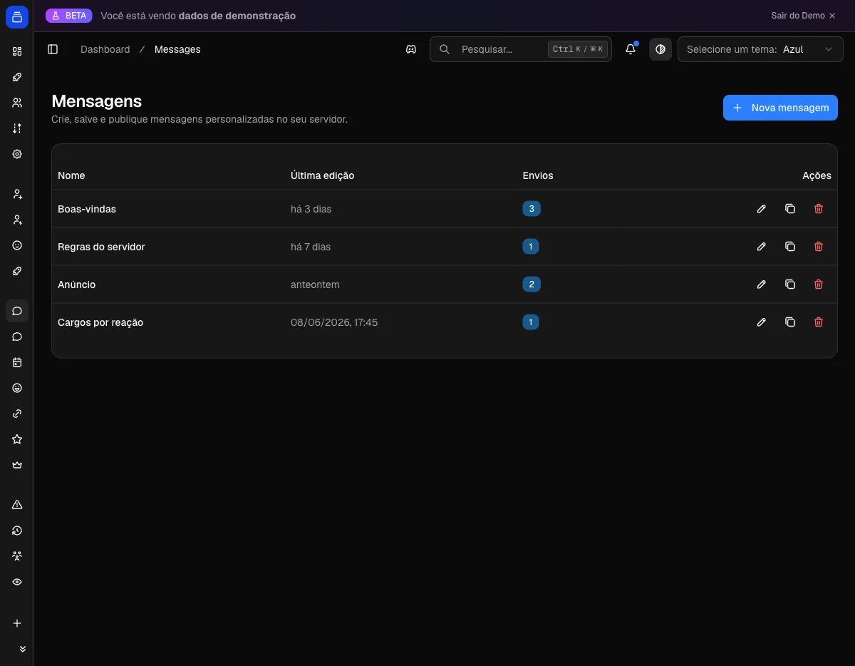 Editor de mensagens e embeds no painel do Delfus