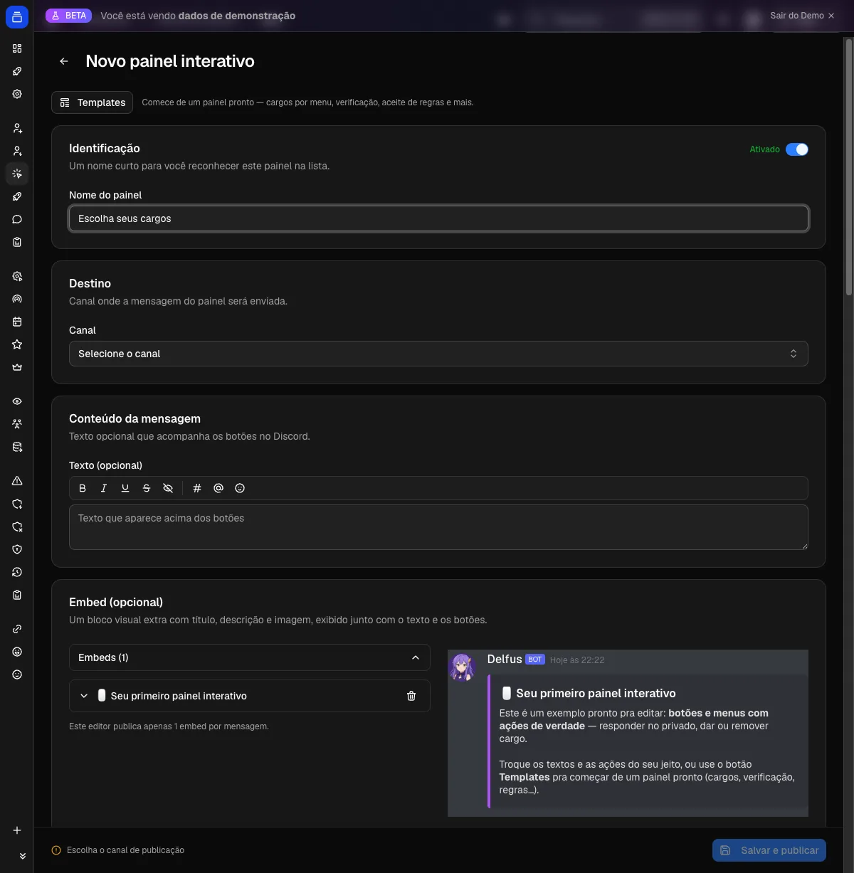 Editor de criar painel interativo no painel do Delfus
