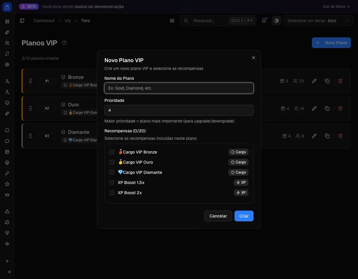Dialog de criar plano VIP no painel