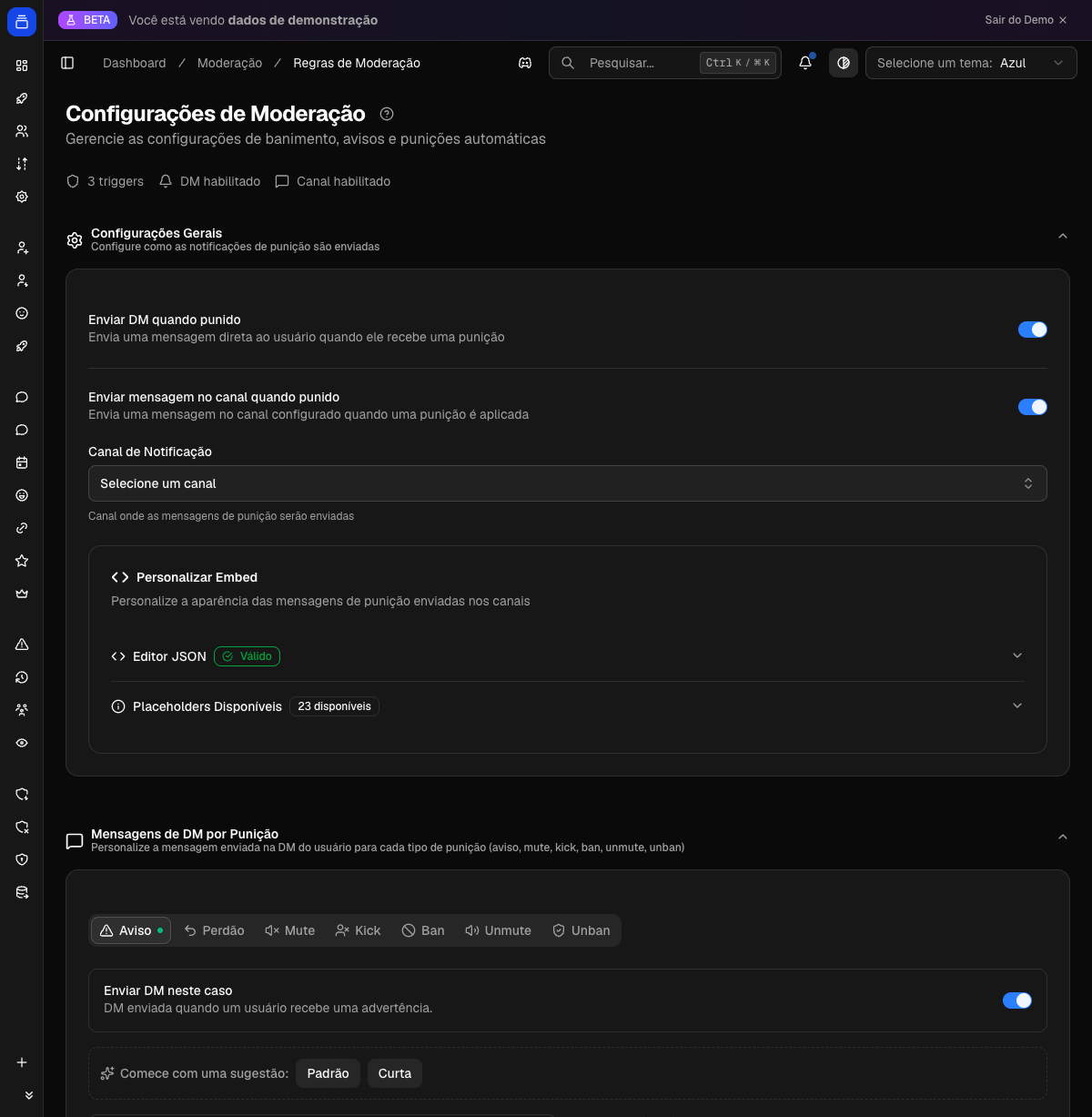Configuração de moderação no painel do Delfus