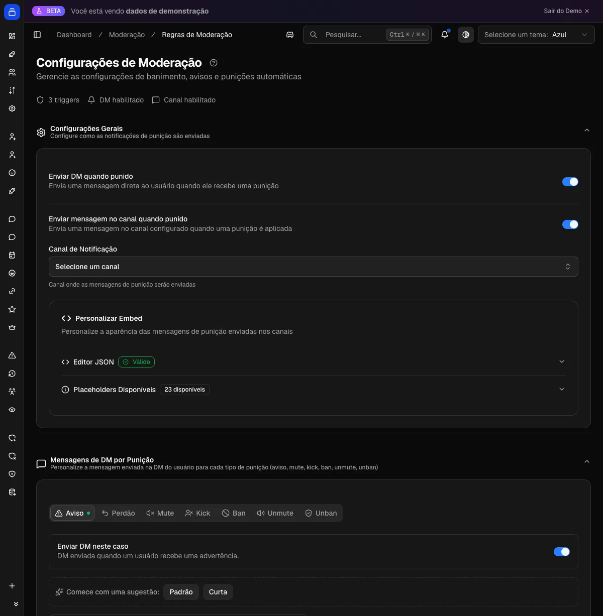 Configuração de moderação no painel do Delfus