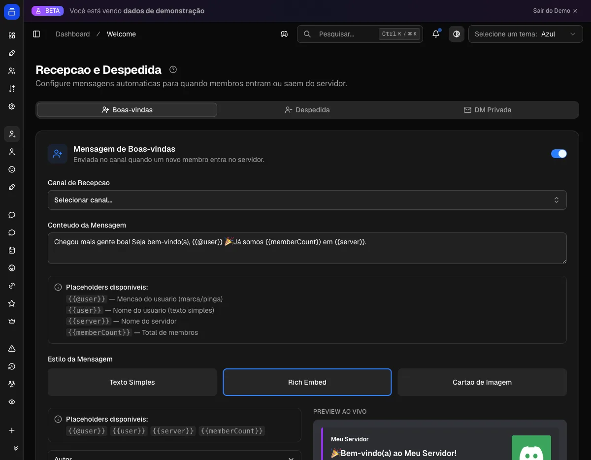 Configuração de boas-vindas no painel do Delfus